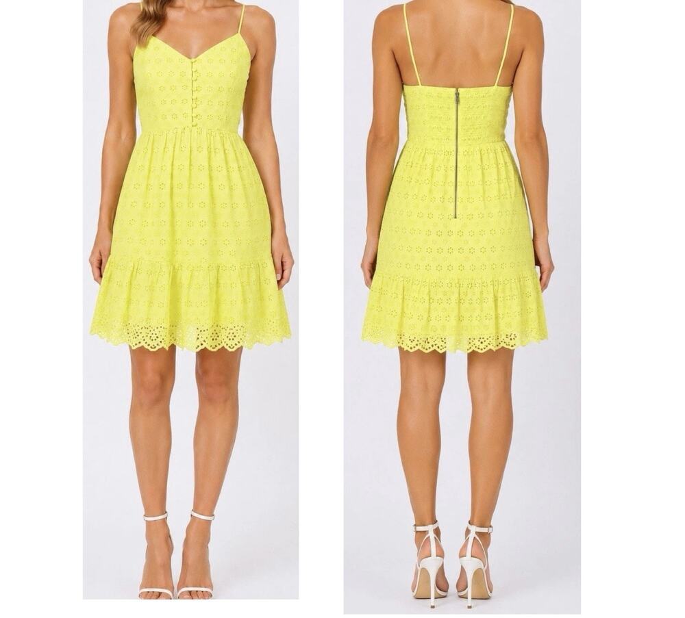 Alice + Olivia Fae Eyelet Embroidered Floral Mini Dress Yellow V-Neck Size 4 NEW